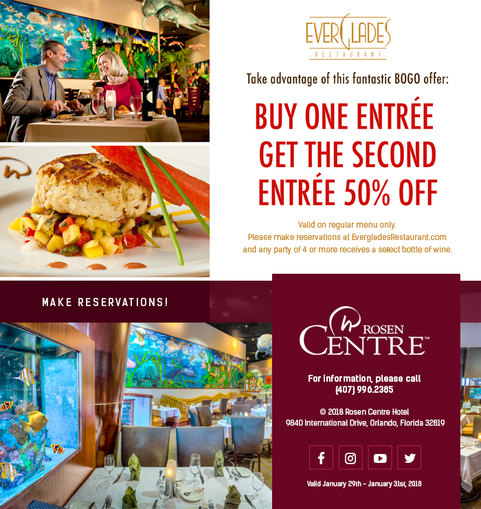 Take advantage of this fantastic BOGO offer: Buy one entree get the second entree 50% off. Valid on regular menu only. Please make a reservation at EvergladesRestaurant.com and any party of 4 or more receives a select bottle of wine.
