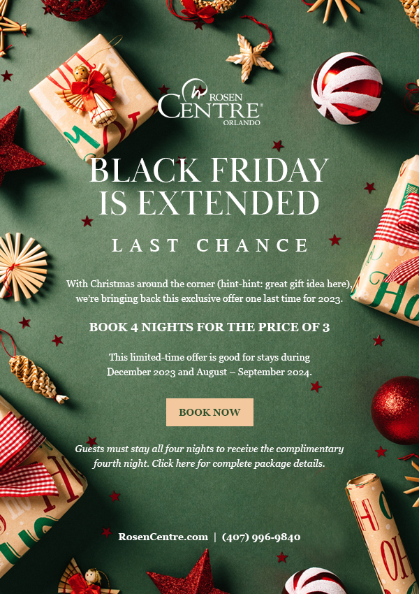 

Black Friday is Extended. Last Chance

With Christmas around the corner (hint-hint: great gift idea here), we’re bringing back this exclusive offer one last time for 2023. 

Book 4 Nights for the Price of 3 

This limited-time offer is good for stays during December 2023 and August – September 2024.
		  
Guests must stay all four nights to receive the complimentary fourth night. Click here for complete package details.