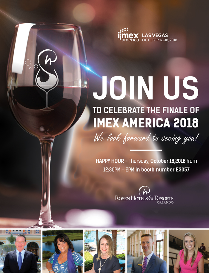 Join Us To Celebrate IMEX America 2018.

We look forward to seeing you!
		  
Happy Hour - Thursday, October 18, 2018 from 12:30PM - 2PM in booth number E3057