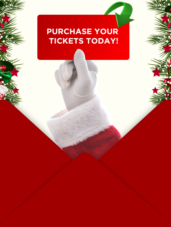 Purchase Your Tickets Today Button. Santa Hand. Envelope