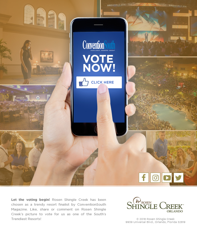 Rosen Shingle Creek - Vote Now! ConventionSouth Magazine
		  
		  Let the voting begin! Rosen Shingle Creek has been chosen as a trendy resort finalist by ConventionSouth Magazine. Like, share or comment on Rosen Shingle Creek’s picture to vote for us as one of the South's Trendiest Resorts!
		  
		  © 2018 Rosen Shingle Creek. 9939 Universal Blvd., Orlando, Florida 32819 