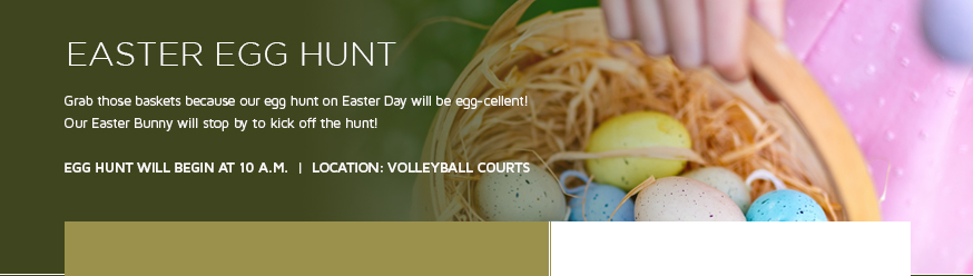 Easter Egg Hunt - Grab those baskets because our egg hunt on Easter Day will be egg-cellent! Our Easter Bunny will stop by to kick off the hunt!

Egg Hunt will begin at 10 a.m.  ncation: Osceola Courtyard