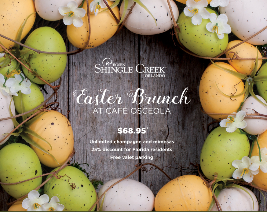 Easter Brunch at Cafe Osceola - $68.95*. Unlimited champagne and mimosas. 25% discount for Florida residents. Free valet parking