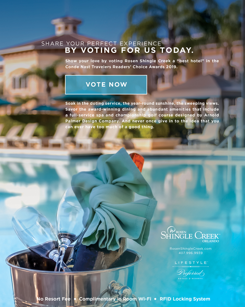 Share your perfect experience by voting for us today.
		  
Show your love by voting Rosen Shingle Creek a “best hotel” in the Conde Nast Travelers Readers’ Choice Awards 2019. 
		  
Soak in the doting service, the year-round sunshine, the sweeping views. Savor the award-winning dining and abundant amenities that include a full-service spa and championship golf course designed by Arnold Palmer Design Company. And never once give in to the idea that you can ever have too much of a good thing.
		  
No Resort Fee | Complimentary in Room Wi-Fi | RFID Locking System