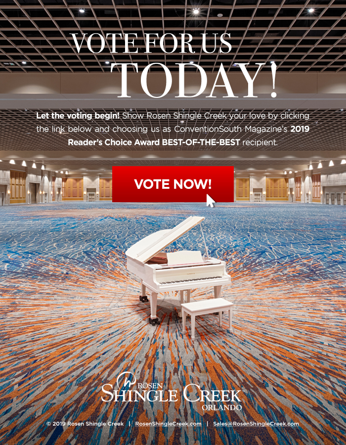 Vote For Us Today!
		  
		  Let the voting begin! Show Rosen Shingle Creek your love by clicking the link below and choosing us as ConventionSouth Magazine’s 2019 Reader’s Choice Award BEST-OF-THE-BEST recipient.
		  
		  © 2019 Rosen Shingle Creek   |   RosenShingleCreek.com   |   Sales@RosenShingleCreek.com