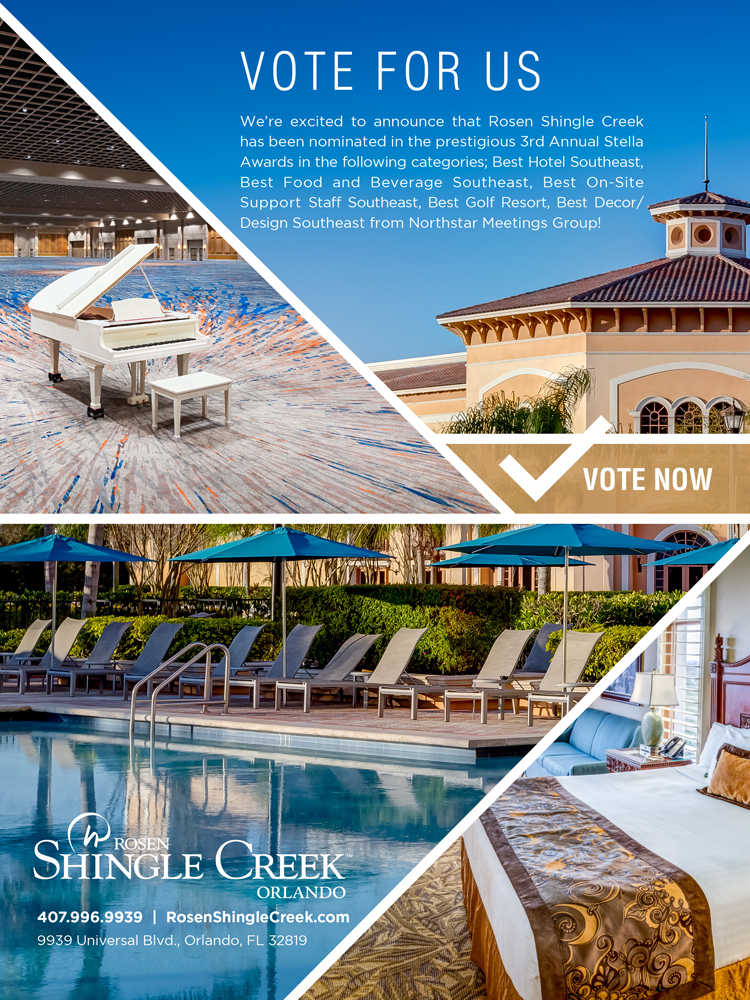 Vote For Us

Were excited to announce that Rosen Shingle Creek has been nominated in the prestigious 3rd Annual Stella Awards in the following categories; Best Hotel Southeast, Best Food and Beverage Southeast, Best On-Site Support Staff Southeast, Best Golf Resort, Best Decor/ Design Southeast from Northstar Meetings Group!

407.996.9939  |  RosenShingleCreek.com 9939 Universal Blvd., Orlando, FL 32819